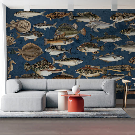 Aquatic mural wallpaper featured in a stylish powder room with gold fixtures