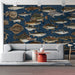 Aquatic mural wallpaper featured in a stylish powder room with gold fixtures