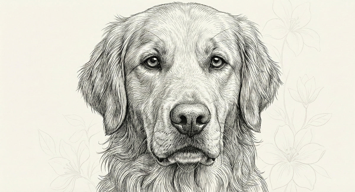 Intricate charcoal ink sketch of a golden retriever with subtle floral outlines on a cream background.