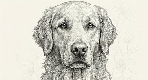 Intricate charcoal ink sketch of a golden retriever with subtle floral outlines on a cream background.