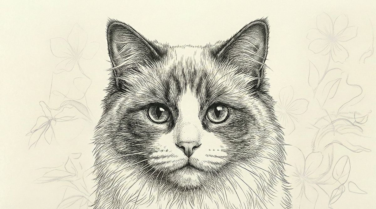 Intricate ink-style drawing of a Ragdoll cat with stippled shading and subtle floral outlines on a cream background.