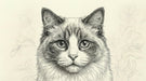 Intricate ink-style drawing of a Ragdoll cat with stippled shading and subtle floral outlines on a cream background.