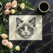 The cat portrait mural installed in a serene bedroom behind a bed with neutral-toned bedding and soft lighting.