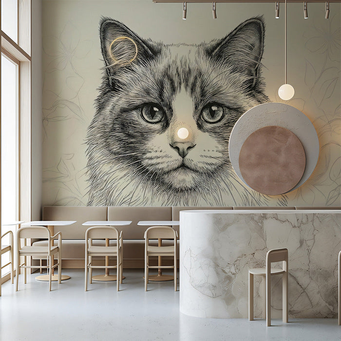 A sophisticated home office space showing the detailed ink drawing of a cat on the main feature wall.
