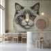 A sophisticated home office space showing the detailed ink drawing of a cat on the main feature wall.