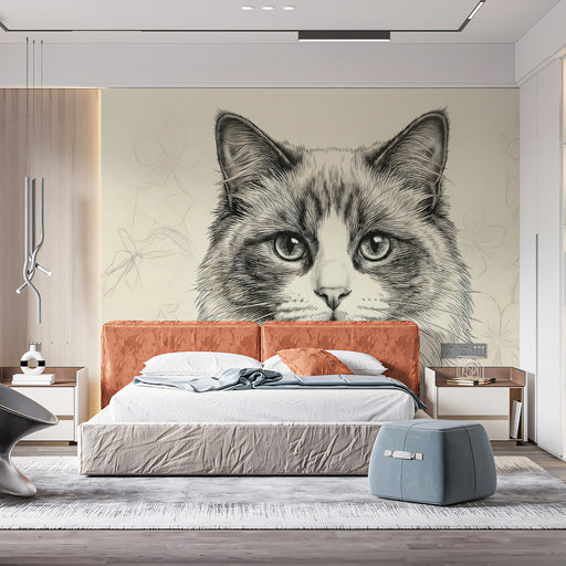 A cozy reading nook featuring the stippled cat mural, complemented by a velvet armchair and wooden side table.