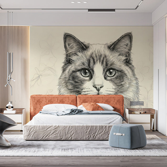A cozy reading nook featuring the stippled cat mural, complemented by a velvet armchair and wooden side table.