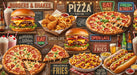 A food-themed mural wallpaper with burgers, pizza, hot dogs, and fries on a brick wall background.