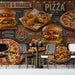 Culinary inspired wallpaper in a cafe featuring pizza and burger motifs.