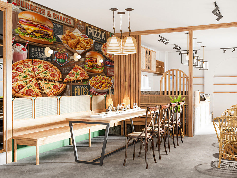 Fast food themed wallpaper installed in a modern restaurant dining area.