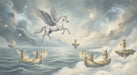 A dreamlike mural featuring a white winged pegasus in a star-dusted sky with fairies in small wooden boats on clouds.