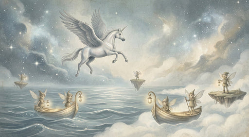 A dreamlike mural featuring a white winged pegasus in a star-dusted sky with fairies in small wooden boats on clouds.