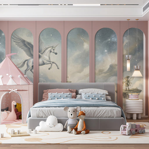 A cozy nursery featuring the celestial Pegasus mural as a feature wall behind a wooden crib.