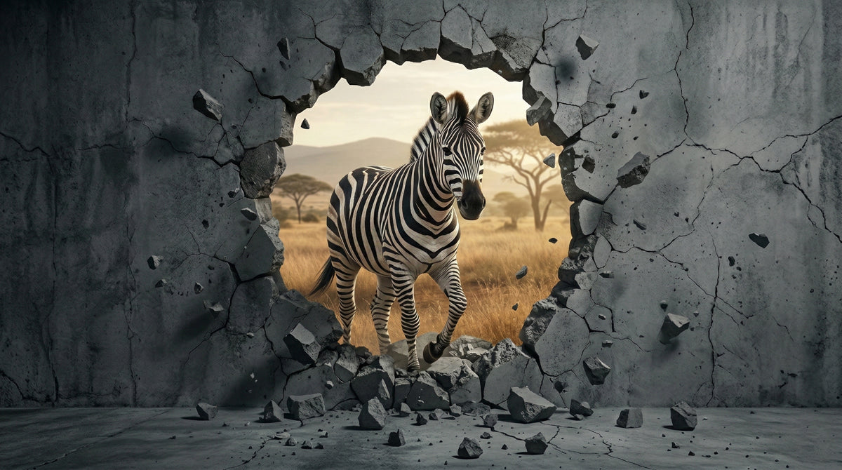 A 3D mural showing a zebra stepping through a shattered concrete wall into a golden African savanna landscape.