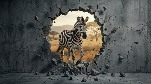 A 3D mural showing a zebra stepping through a shattered concrete wall into a golden African savanna landscape.