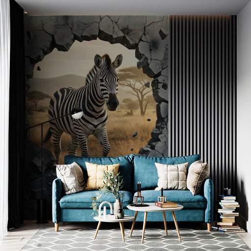 A dramatic living room wall featuring the zebra breach mural, accented with sleek modern black furniture.