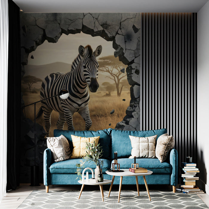 A dramatic living room wall featuring the zebra breach mural, accented with sleek modern black furniture.