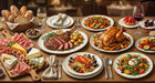 A detailed culinary feast mural wallpaper featuring roasted meats, artisanal cheese boards, and fresh Mediterranean vegetables.