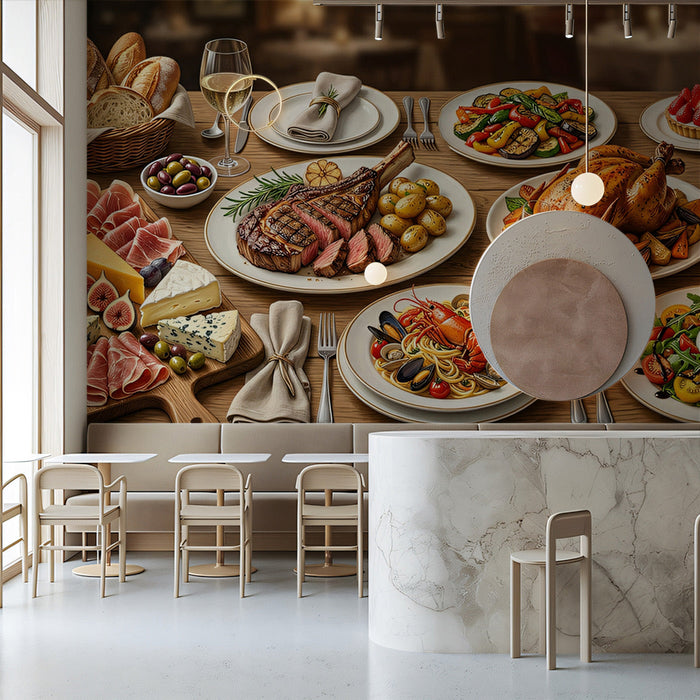 A cozy restaurant interior featuring a large-scale feast mural wallpaper, adding a sense of abundance to the dining space.