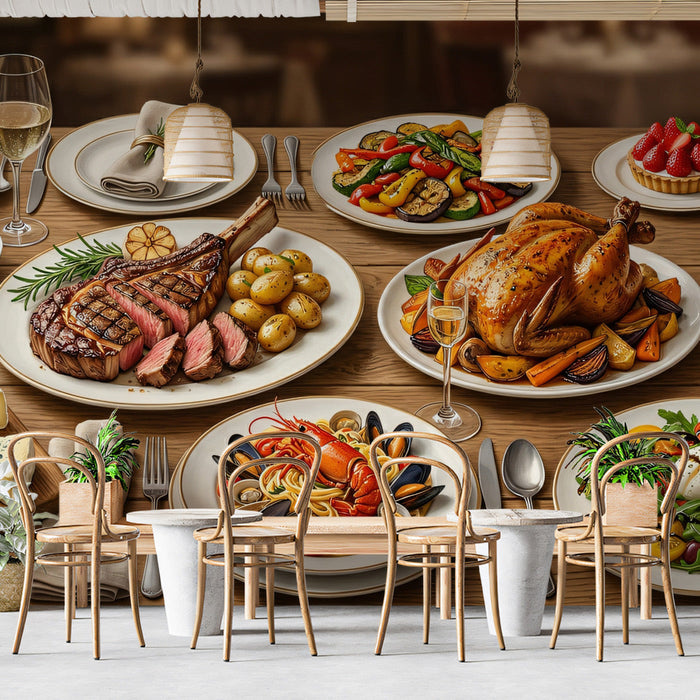 A sophisticated dining room wall featuring a gourmet banquet mural wallpaper, creating a warm and social atmosphere.