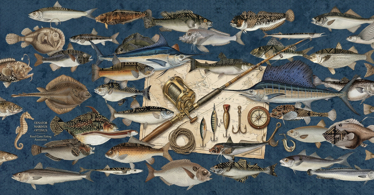 Close up of vintage fishing mural with fish illustrations, a gold reel, and a map on a deep blue background.