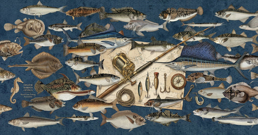 Close up of vintage fishing mural with fish illustrations, a gold reel, and a map on a deep blue background.
