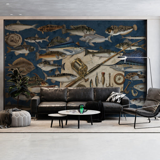 A grand library or study with a classic marine life mural wall covering.