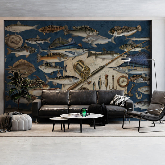 A grand library or study with a classic marine life mural wall covering.