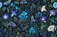 Bioluminescent botanical pattern with glowing blue mushrooms, violet flowers, and moths on dark charcoal background