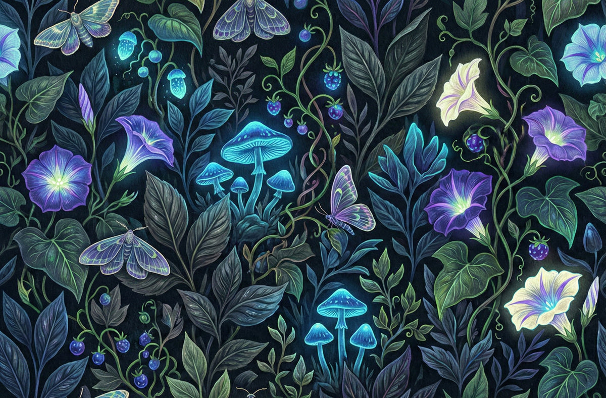 Bioluminescent botanical pattern with glowing blue mushrooms, violet flowers, and moths on dark charcoal background