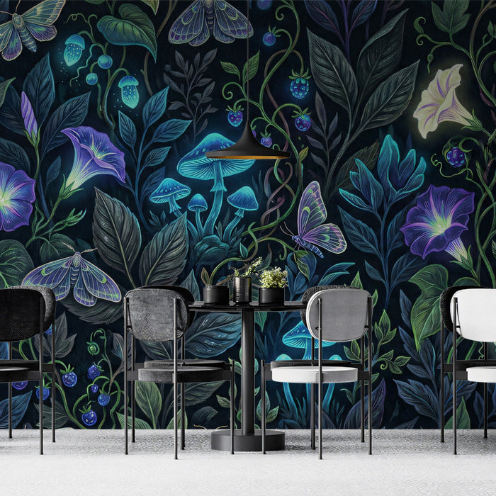 Whimsical forest mural installed in a cozy reading nook with velvet armchair