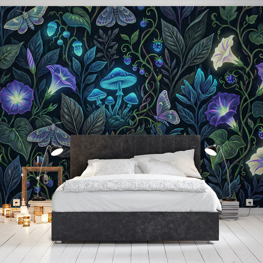 Bioluminescent mural in a moody bedroom with warm bedside lighting