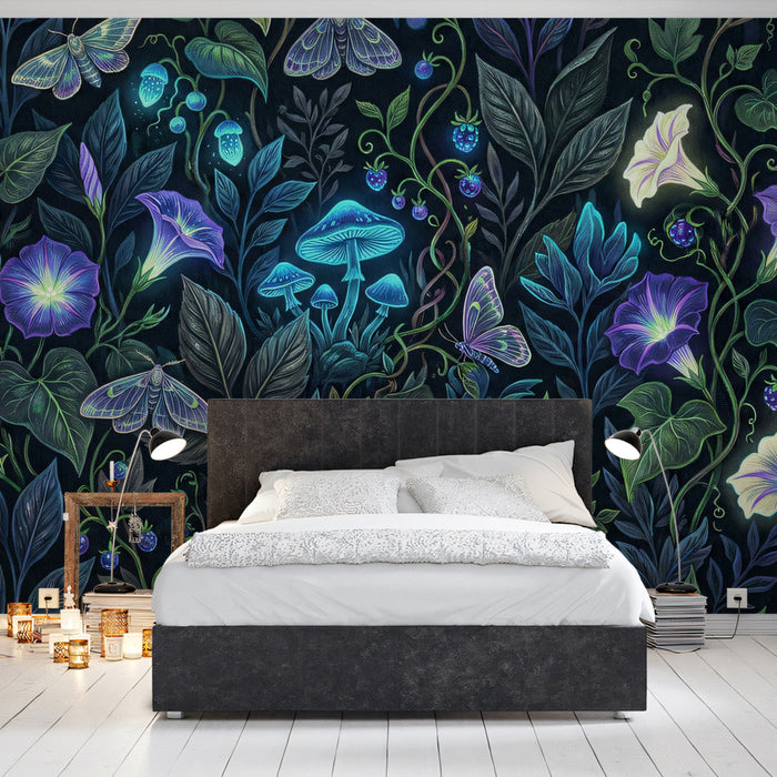 Bioluminescent mural in a moody bedroom with warm bedside lighting