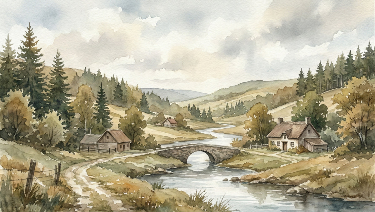 Watercolor landscape mural featuring a stone bridge over a river, pine trees, and rustic cottages in soft earthy tones.