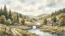 Watercolor landscape mural featuring a stone bridge over a river, pine trees, and rustic cottages in soft earthy tones.