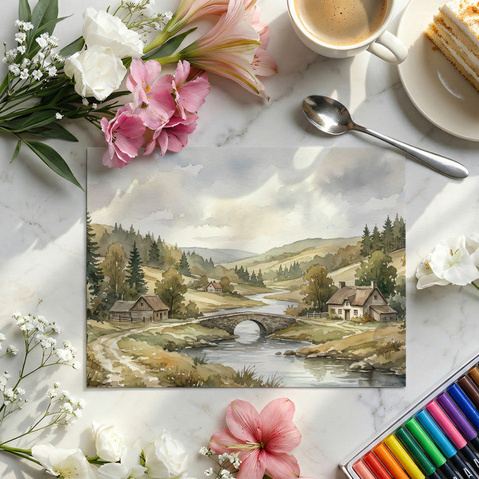 A serene bedroom with the watercolor river mural as a wall-to-wall headboard feature, styled with cream linens.
