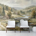 A bright, airy home office or study room featuring the scenic landscape mural on a main wall.
