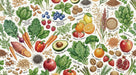A botanical pattern featuring detailed illustrations of fresh fruits, vegetables, nuts, and seeds on a white background.
