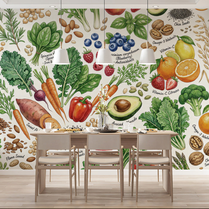 A sunlit kitchen breakfast nook decorated with a vibrant garden-themed vegetable and fruit mural.