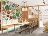 A bright, modern kitchen featuring a botanical food illustration mural on the main feature wall.