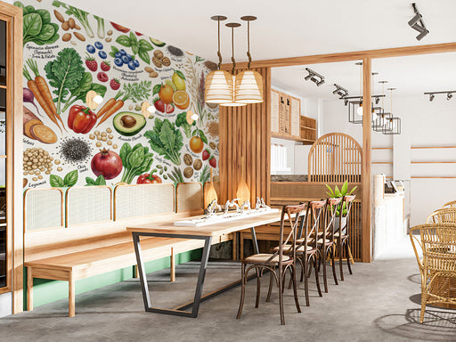 A bright, modern kitchen featuring a botanical food illustration mural on the main feature wall.