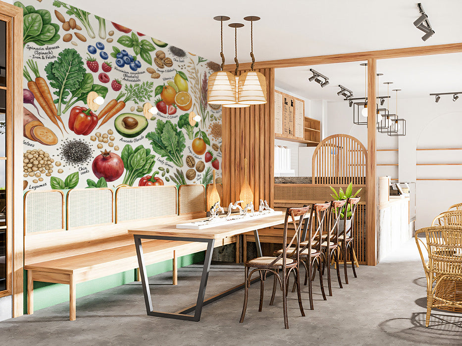 A bright, modern kitchen featuring a botanical food illustration mural on the main feature wall.