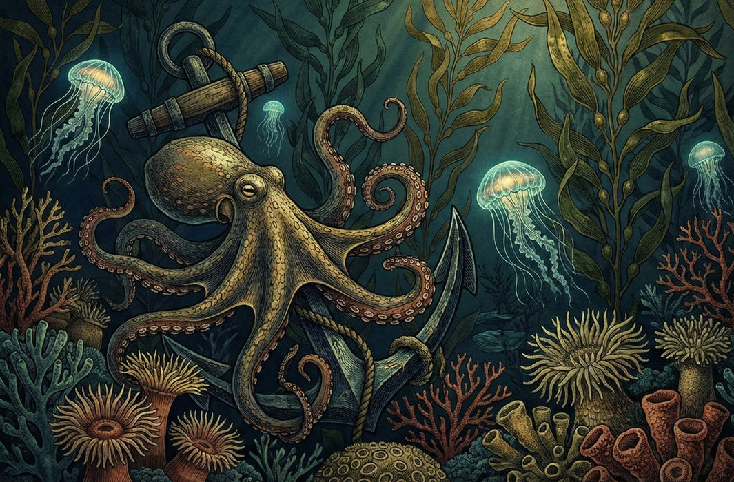 Intricate deep sea mural featuring an octopus, anchor, jellyfish, and coral in midnight blue, ochre, and orange tones.