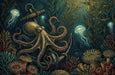 Intricate deep sea mural featuring an octopus, anchor, jellyfish, and coral in midnight blue, ochre, and orange tones.