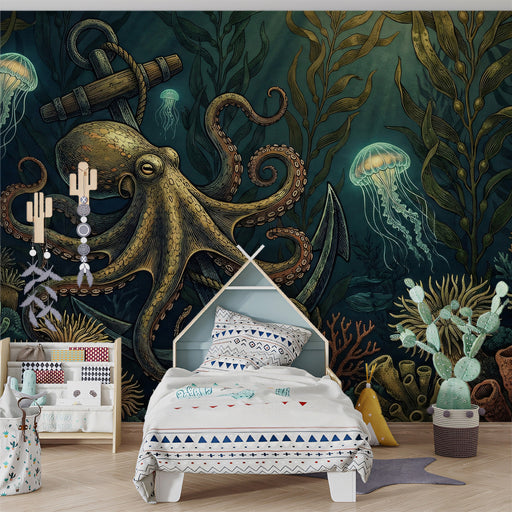 Dramatic bedroom interior featuring a deep sea creature mural as a statement headboard wall.