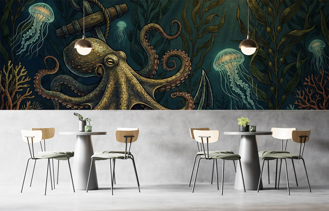 Moody home office featuring an octopus wall mural behind a dark wood desk.