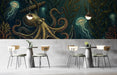 Moody home office featuring an octopus wall mural behind a dark wood desk.