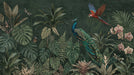 Jungle mural wallpaper featuring a peacock, macaw, and tropical orchids on a deep forest green background.