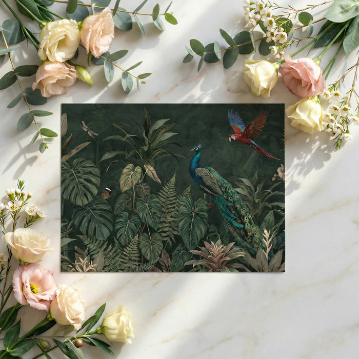Elegant bedroom design with deep green botanical wallpaper and peacock artwork behind a wooden headboard.