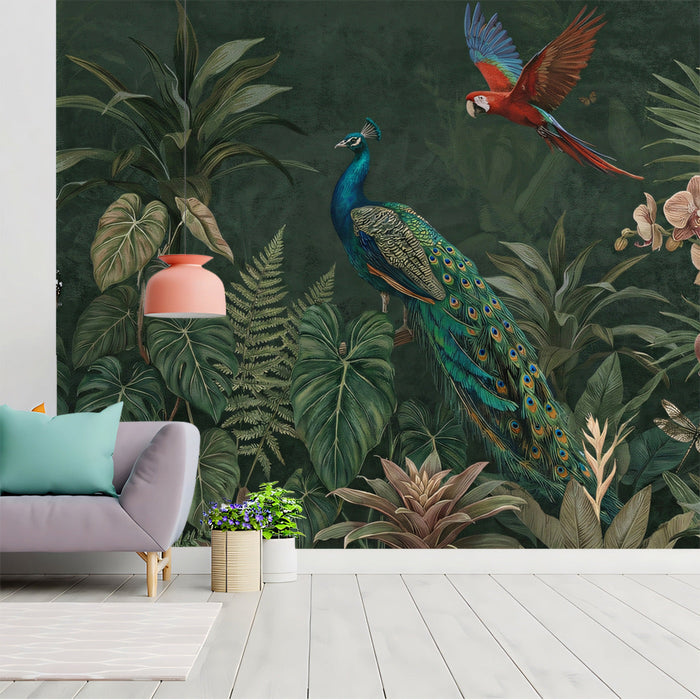 Moody dining room interior featuring a tropical jungle wallpaper feature wall with peacock motifs.